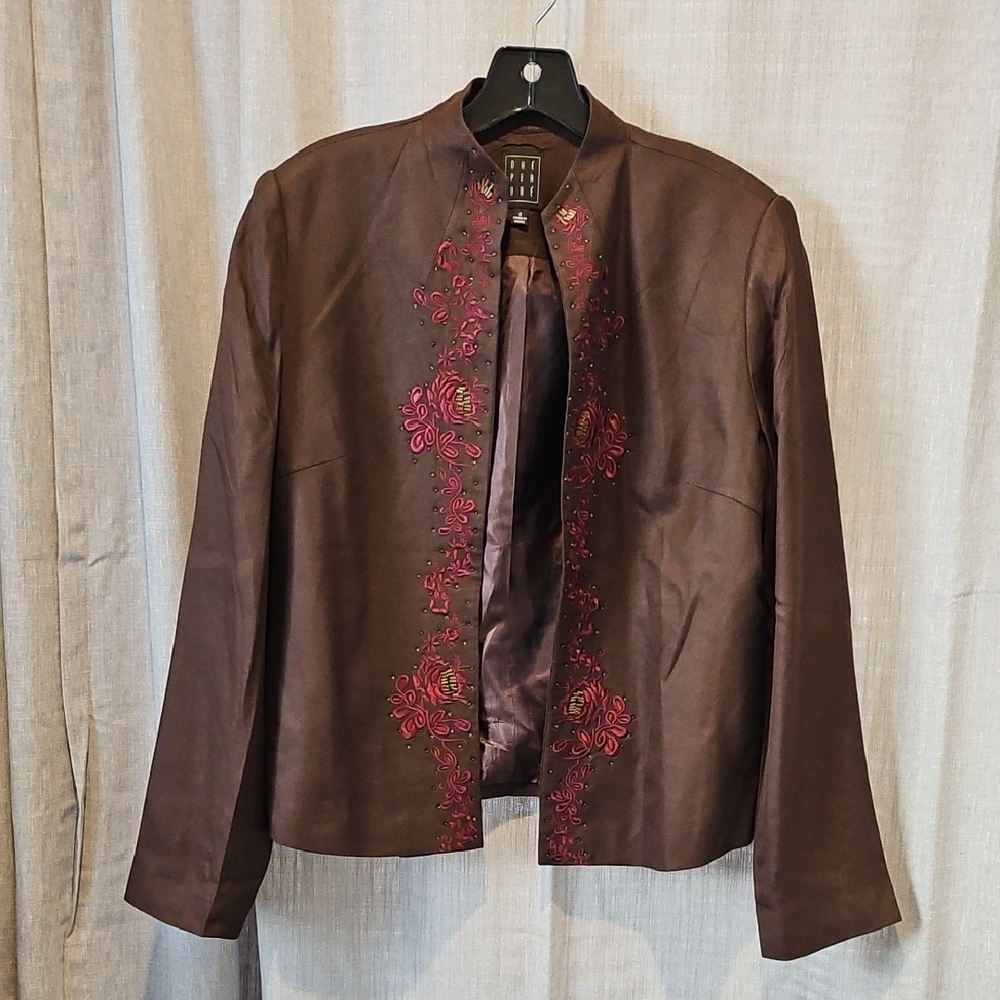 Due Per Due Brown Blazer with Deep Red Embroidery and Mandarin Collar